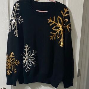 SHEIN Black Sweater with Gold and Silver Snowflakes